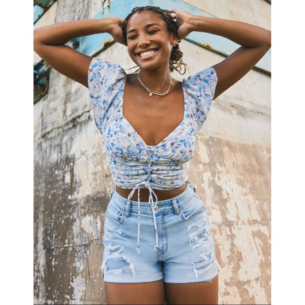 American Eagle Blue White Cropped Milkmaid Corset Ruched Romantic Top Women S